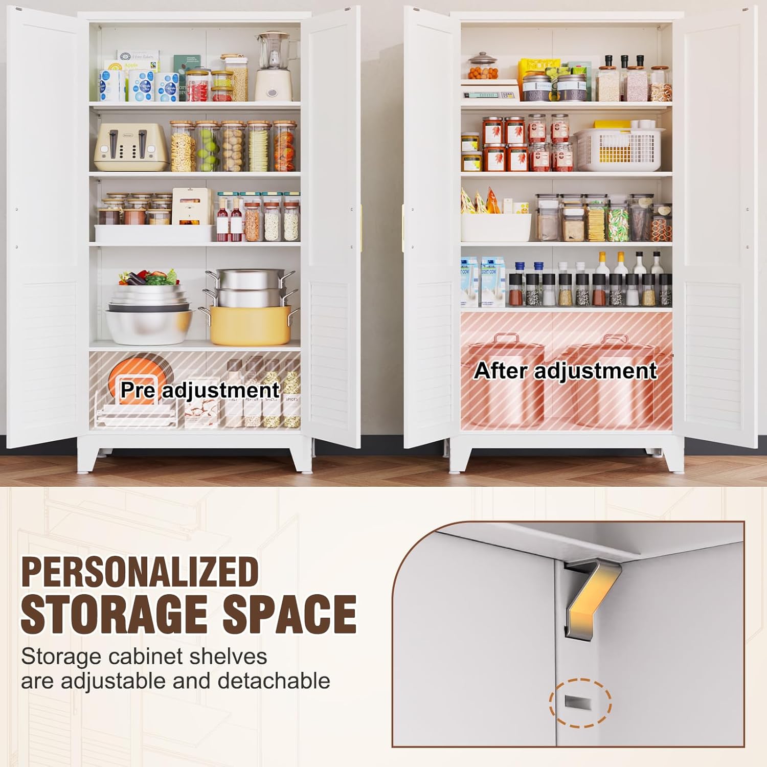 47''Storage Cabinet ,Pantry Cabinet with Doors and Shelves,Tall Kitchen Pantry Cabinet, White Metal KitchenStorage Cabinets, Freestanding Cupboard for Laundry Bathroom Living Room, Assemble Required
