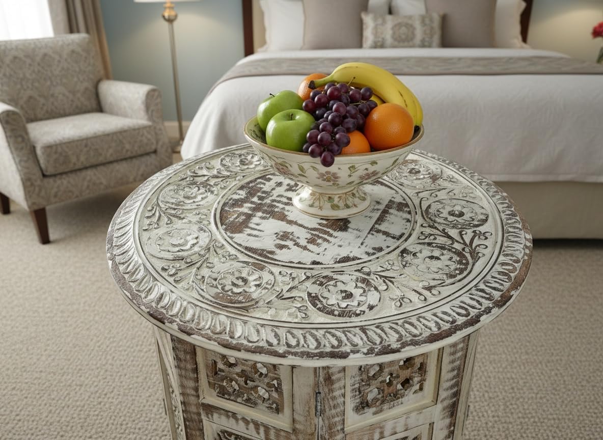 Handcrafted Round Wooden Side Table with Carved Floral Top, White Washed Finish, 18 Inch Decorative Accent End Table for Living Room, Bedroom & Indoor Use