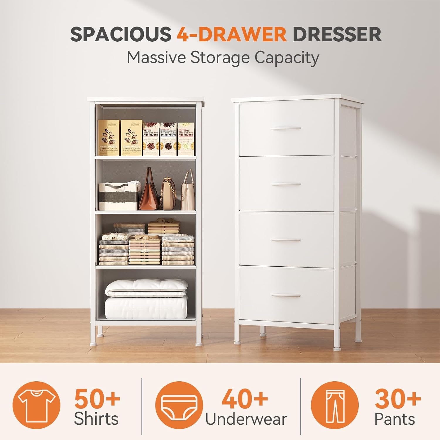 Sweetcrispy Dresser for Bedroom, 4 Drawer Storage Cabinet, Tall Nightstand | Small Fabric White Dresser for Closet, Chest of Drawers, Closet Organizer, Home Furniture, Sturdy Frame