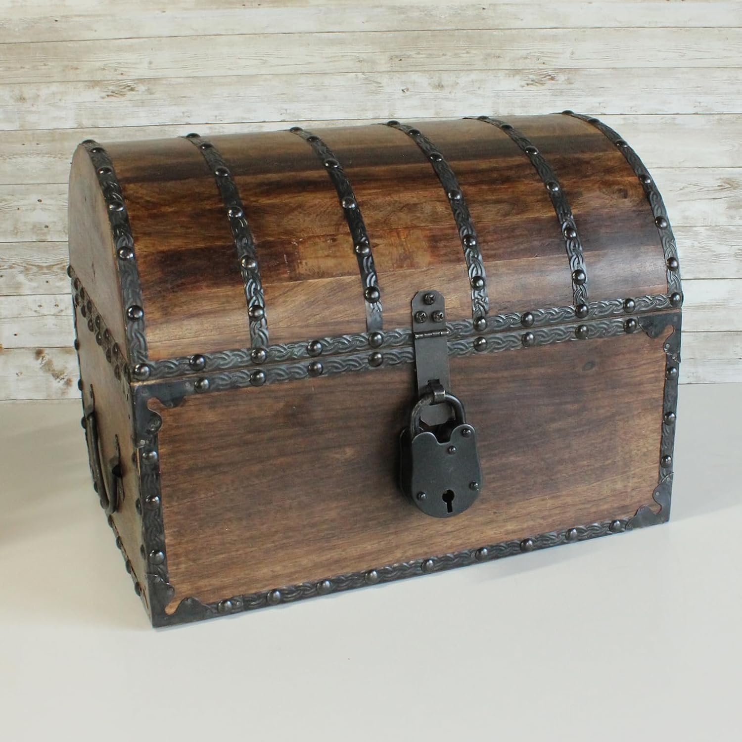 Nautical Cove Wood Treasure Chest with Decorative Rivets and Reinforcing Iron Strips with Lock and Skeleton Keys (Dark Antique, Large 13x10x10) – Wooden Keepsake Box, Pirate Decor, Storage Chest