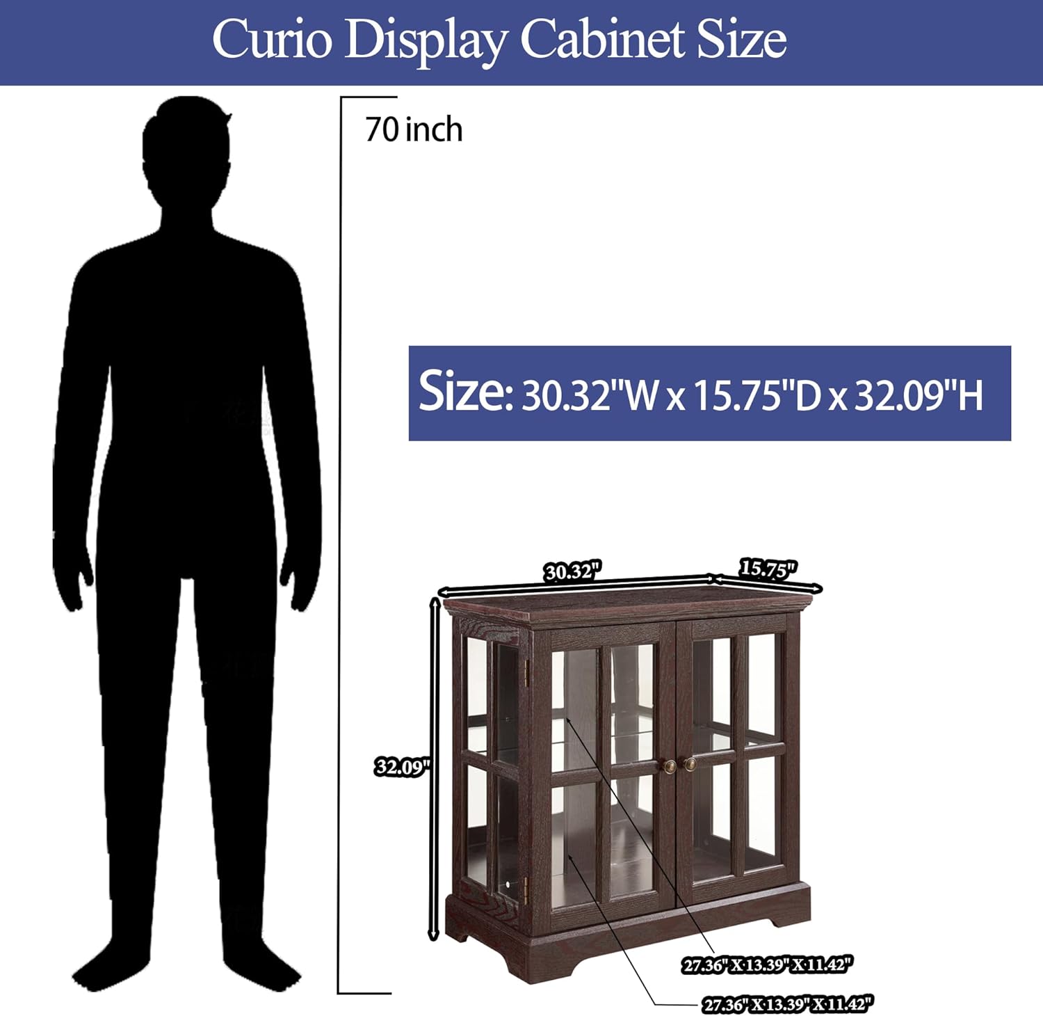 2 Door Curio Display Cabinet with LED Light & Adjustable Shelves, 30" Tableware Display Sideboard w/Mirrored Back Pane, Modern Glass Display Storage Cabinet for Kitchen & Living Room (Cherry)