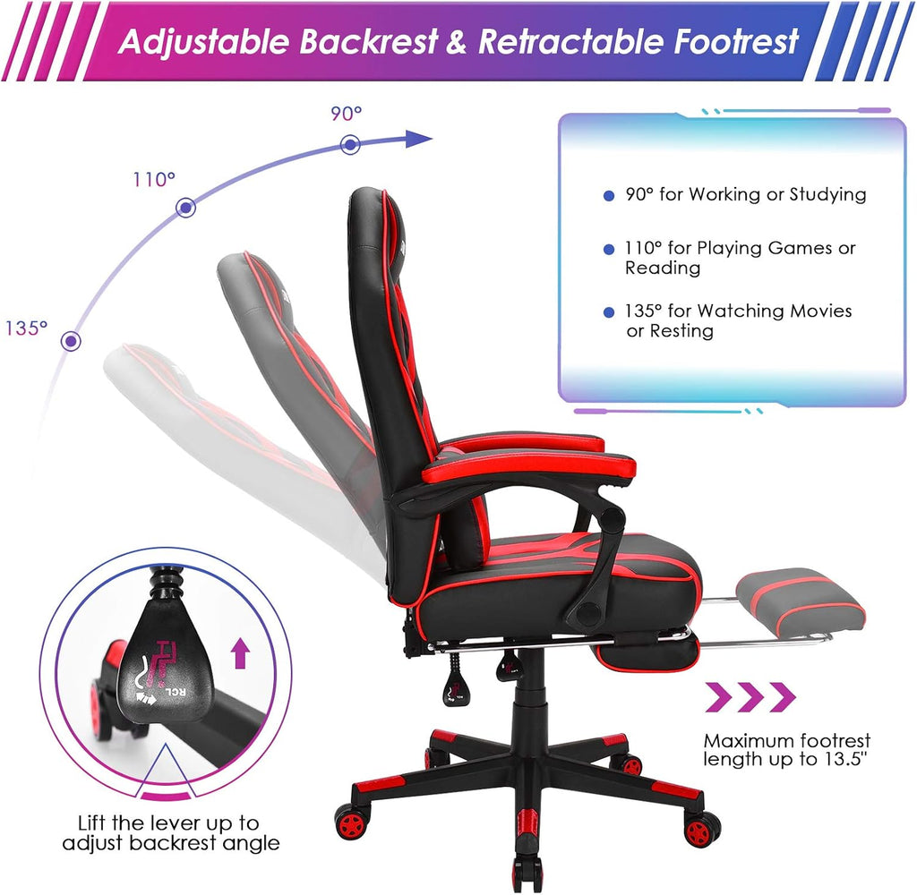 GYMAX Gaming Chair Office Chair, Adjustable Swivel Racing Style Computer Chair with Massage Lumbar Support, Headrest Armrest & Retractable Footrest, Video Gaming Chair for Home Theatre (Red)