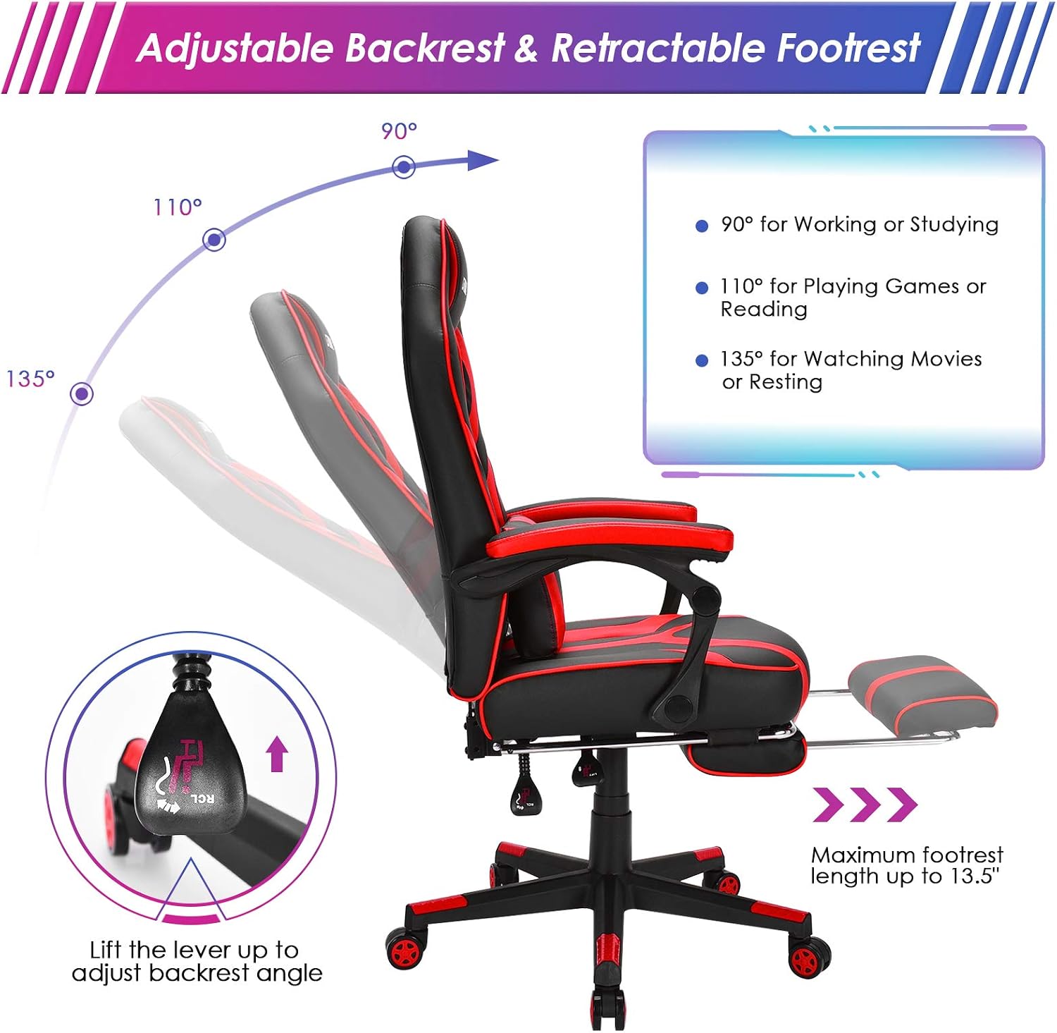 GYMAX Gaming Chair Office Chair, Adjustable Swivel Racing Style Computer Chair with Massage Lumbar Support, Headrest Armrest & Retractable Footrest, Video Gaming Chair for Home Theatre (Red)