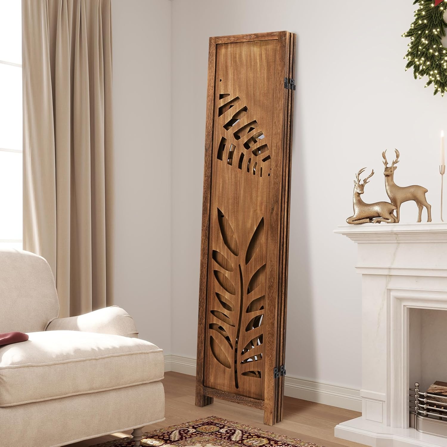 Giantex Boho Rustic Room Divider, 4 Panel Carved Leaf Folding Wood Screen, Fully Assembled, 67'' Freestanding Privacy Partition Decorative Wall, Foldable Room Separator for Bedroom, Rustic Brown