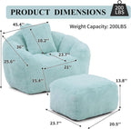 Bean Bag Chair for Adults, Faux Fur Upholstered Beanbag Chair with Shell-Shaped Design, Comfy Bean Bag Sofa with Pillow and Footstool, Floor Sofa Chair for Bedroom (Light Blue)