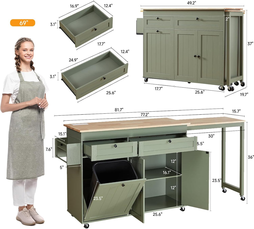 Kitchen Islands with Extendable Dining Table, Mobile Storage Islands, Green | 81.7" Rolling Kitchen Cart with Trash Cabinet, Power Outlet, Spice Rack & Towel Rack