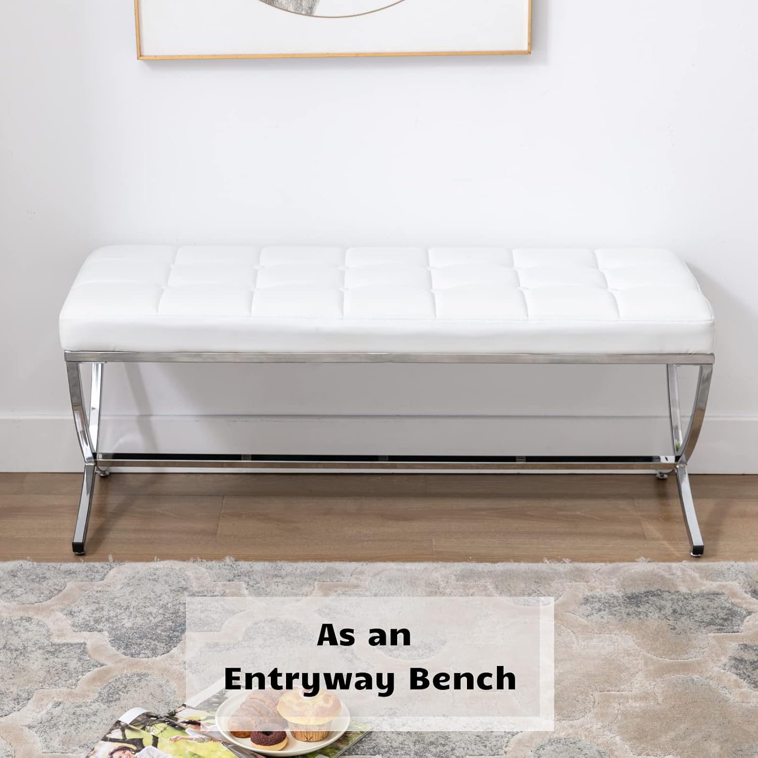 HEAH-YO Modern Button Tufted Bench, PU Faux Leather Ottoman Dining Bench, Stylish Footstool for Entryway Bedroom Kitchen Dining Table, White