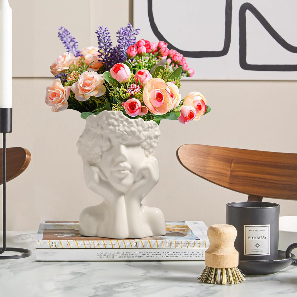 ComSaf White Ceramic Flower Vase for Decor,Modern Style Female Form Face Vase,Unique Flower Vase for Home Living Room Office Decor - Face Type A