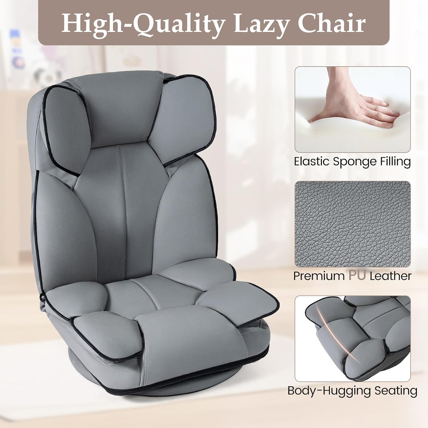 Giantex 360° Swivel Floor Gaming Chair, Folding Lazy Lounger Couch with 6-Position Adjustable Backrest & Sponge Filling, Lazy Sofa Lounge Chair, Video Gaming Chair for Reading, Relaxing (Gray)