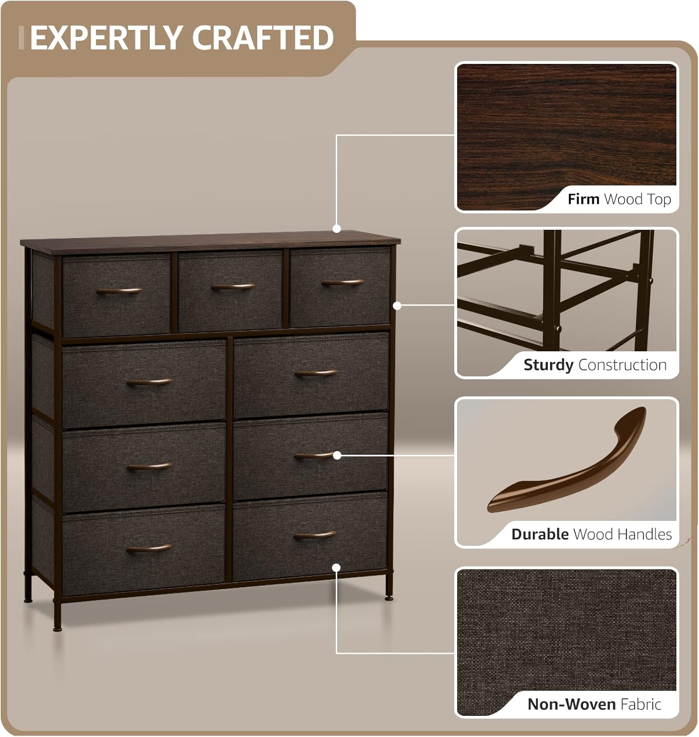 Sorbus Dresser with 9 Drawers - Furniture Storage Chest Tower Unit for Bedroom, Hallway, Closet, Office Organization - Steel Frame, Wood Top, Easy Pull Fabric Bins (Brown)