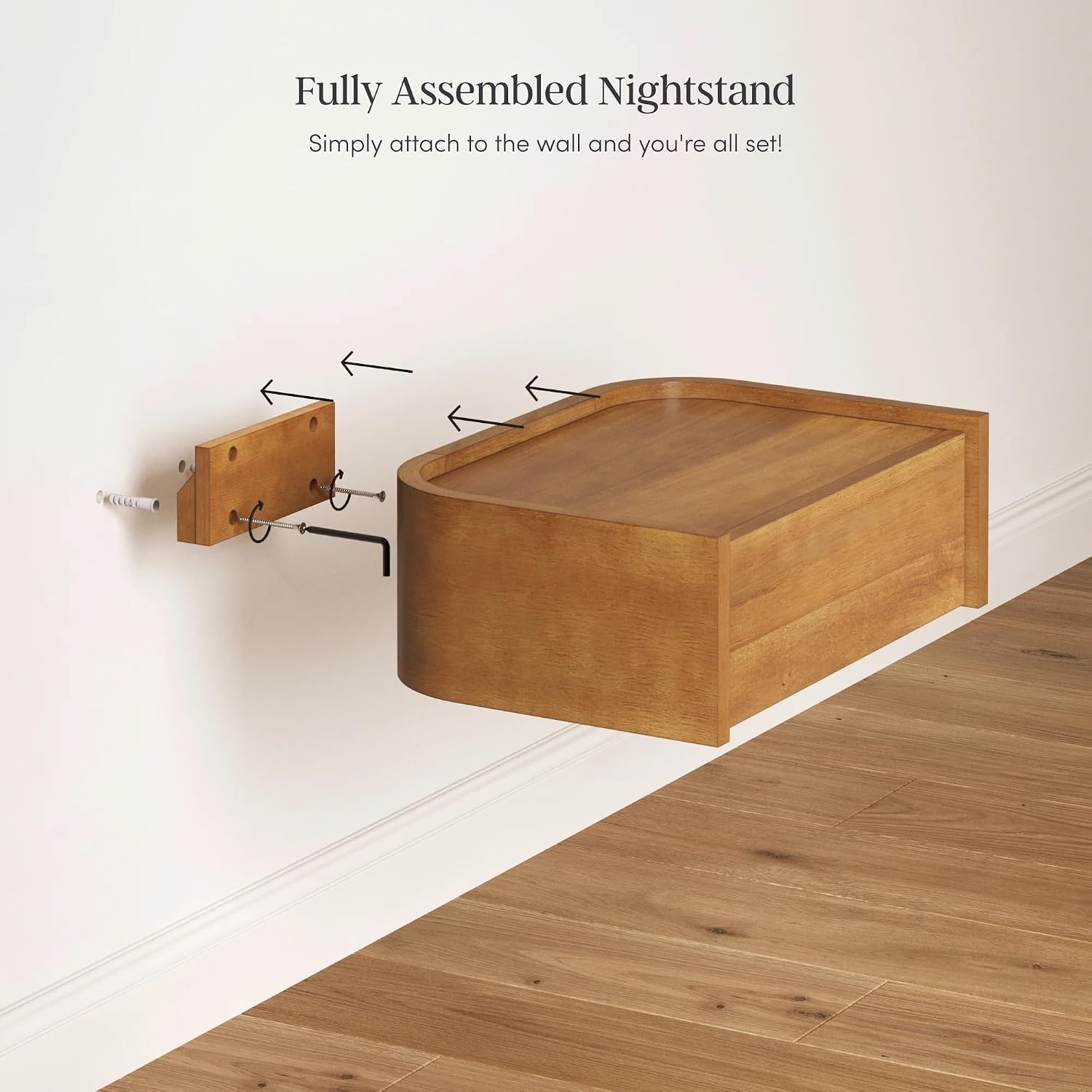 Nathan James Tyla Wall Mounted Bedside Table, Floating 1-Drawer Nightstand with Rounded Edges, Light Brown Set of 2