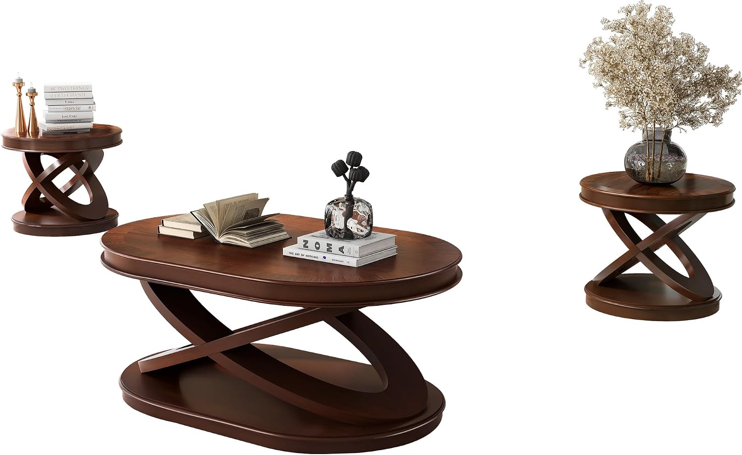 Retro Coffee Table Sets 3 s, Wood Living Room Table Set Include 44" Oval Coffee Table, Round End Table Set of 2, Walnut