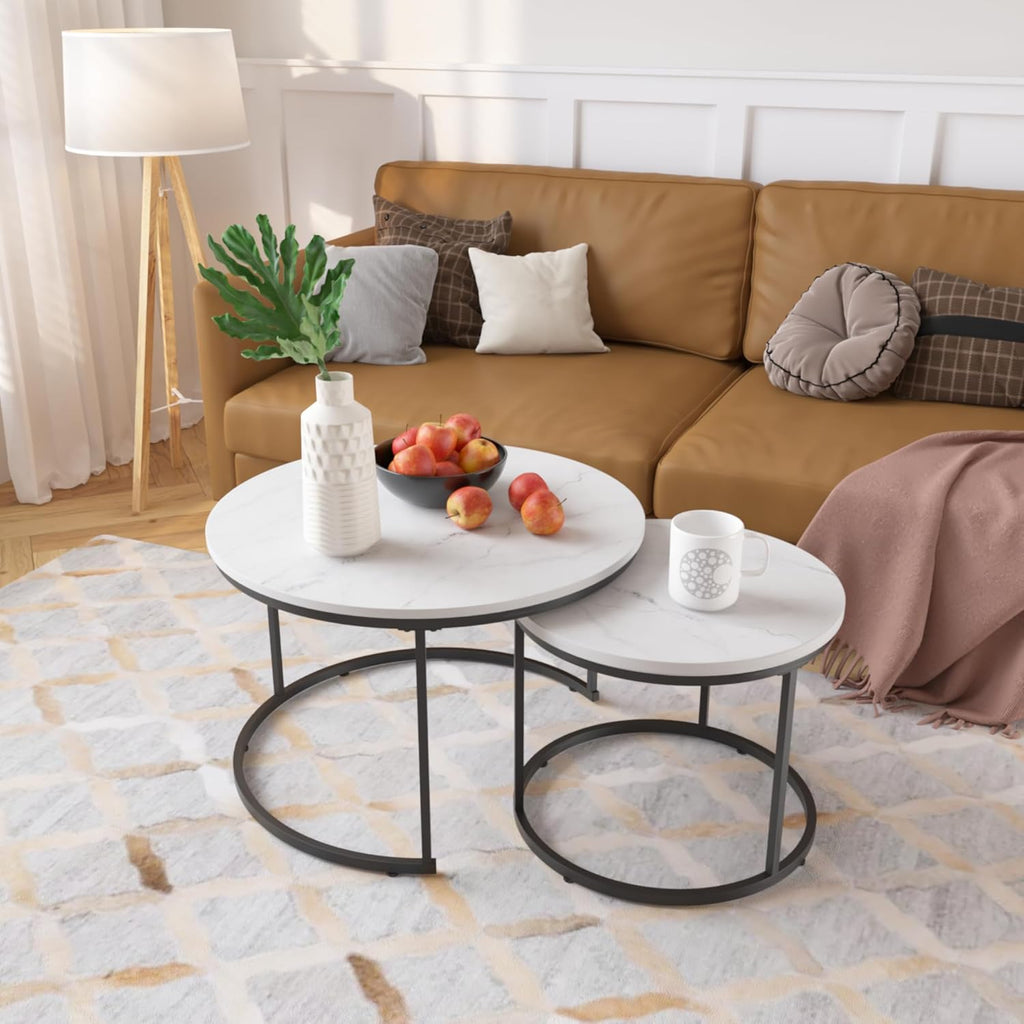 Nesting Coffee Table Set of 2, 27.6 inch Round Side Tables Coffee Table with Wood Marble Pattern Top Sturdy Metal Frame, End Table for Living Room Bedroom Balcony Yard (White B)