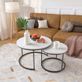 Nesting Coffee Table Set of 2, 27.6 inch Round Side Tables Coffee Table with Wood Marble Pattern Top Sturdy Metal Frame, End Table for Living Room Bedroom Balcony Yard (White B)