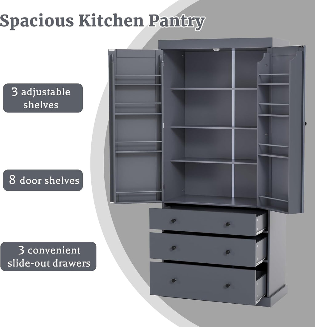 Freestanding Kitchen Pantry with 3 Dawers & 3 Shelves, Double Door with 6 Shelves, Rectangular Storage Cabinet, Modern, for Living Room, Dining Room, Gray