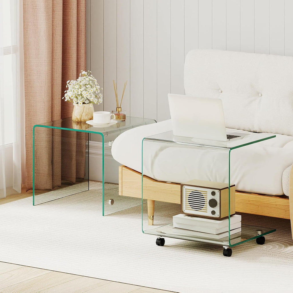 BECOMFORT Tempered Glass C-Shape End Table, Rolling Side Table with 4 Lockable Universal Wheels & Storage, Mobile Clear Night Stand for Sofa Couch Living Room Bedroom Office (1, Clear)