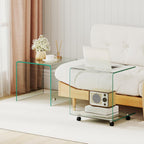 BECOMFORT Tempered Glass C-Shape End Table, Rolling Side Table with 4 Lockable Universal Wheels & Storage, Mobile Clear Night Stand for Sofa Couch Living Room Bedroom Office (1, Clear)