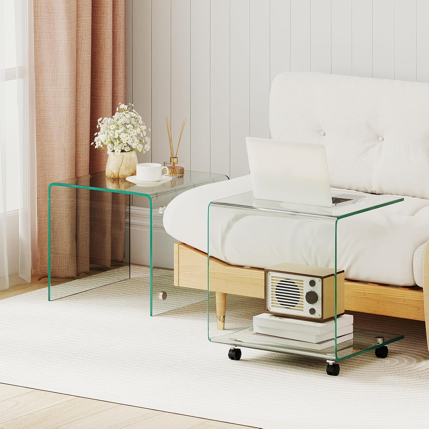BECOMFORT Tempered Glass C-Shape End Table, Rolling Side Table with 4 Lockable Universal Wheels & Storage, Mobile Clear Night Stand for Sofa Couch Living Room Bedroom Office (1, Clear)