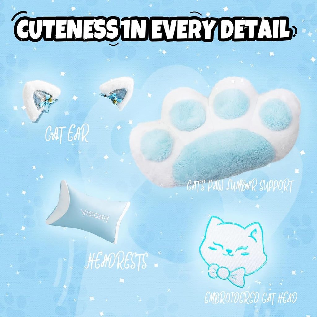 Ergonomic Kawaii Desk Chair with Cat Paw Lumbar Cushion and Cat Ears, Cute Pink Computer Chair with Footrest, PC Video Anime Gaming Chairs Recliner for Kids, Girls, Teens (Blue, Cat Chair)