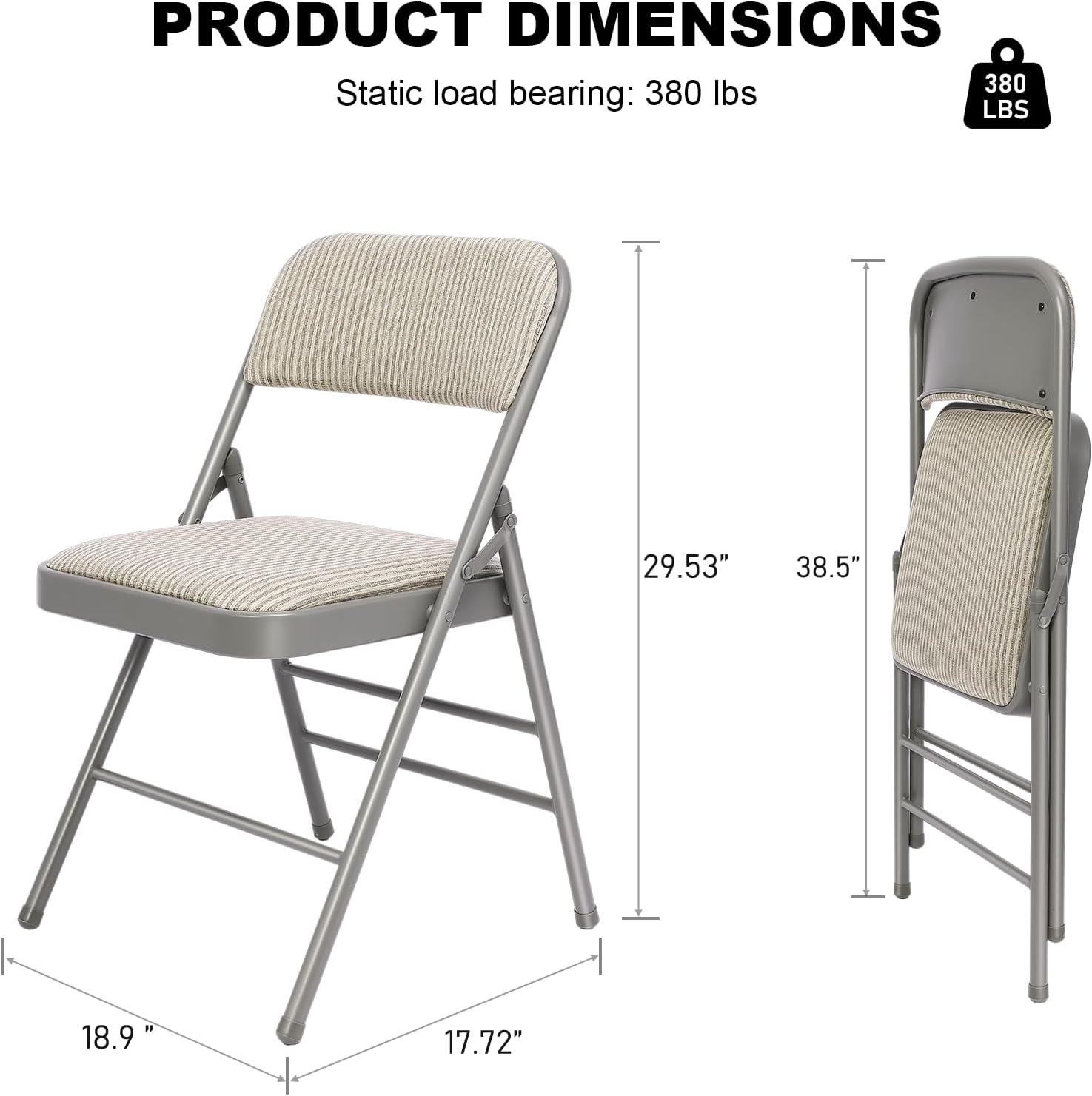 4 Pack Folding Chairs Fabric Dining Chair Set with Padded Cushion and Back, Indoor Outdoor Foldable Seat with Steel Frame for Home Office Events Wedding Party, Oatmeal Strip Seating