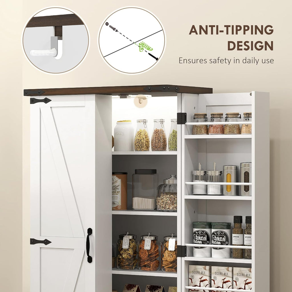 HOMCOM 47" LED Kitchen Pantry Cabinet, Farmhouse Storage Cabinet with 5 Deep Shelves and 12 Door Shelves, Freestanding Food Pantry with Barn Door, White