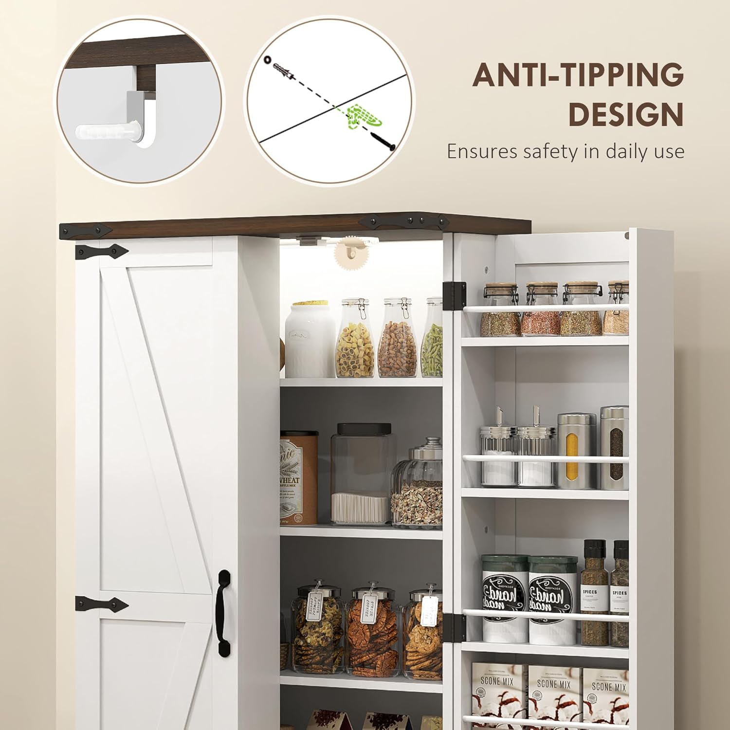 HOMCOM 47" LED Kitchen Pantry Cabinet, Farmhouse Storage Cabinet with 5 Deep Shelves and 12 Door Shelves, Freestanding Food Pantry with Barn Door, White