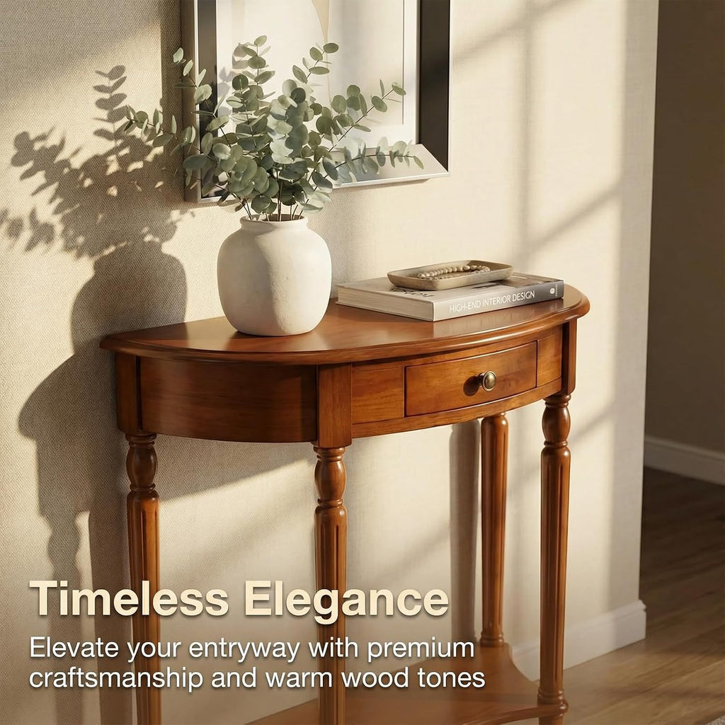 Solid Wood Half Moon Console Table with Drawer – Entryway Accent Table with Storage for Living Room、Foyer、Bedroom or Hallway, Dark Walnut