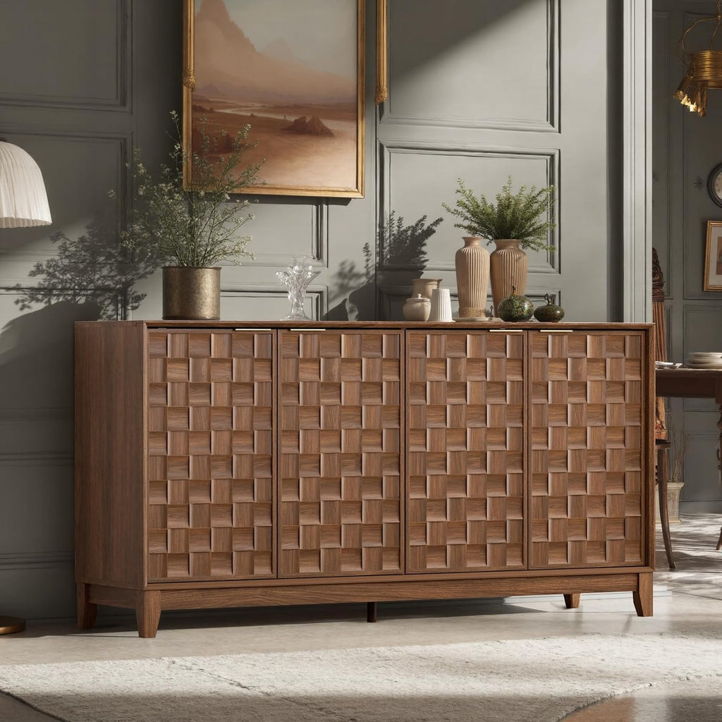 COLAMY Fluted Sideboard Cabinet with Storage, Solid Wood Buffet for Dining Room, Credenza Console with Adjustable Shelves, Walnut Finish, Mid Century Modern Style, Walnut