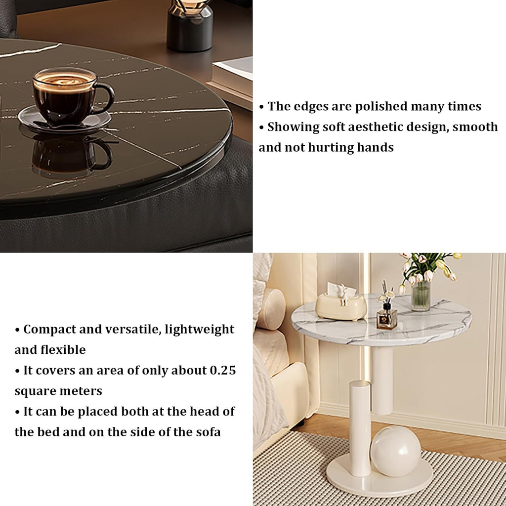 Creative Metal End Table, Living Room Coffee Table with Marble Tabletop, Modern Geometric Decorative Table for Sofa Bedroom Apartment Reception Area Hotel(Width 23.6in/60cm, Black-White Base)