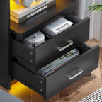 AOGLLATI LED Nightstands Set of 2 with Charging Stationand Glass Top | Black Night Stand with 2 Drawers, Bedside Table with Pull-Out Shelf, Modern End Side Tables with USB Ports Outlets