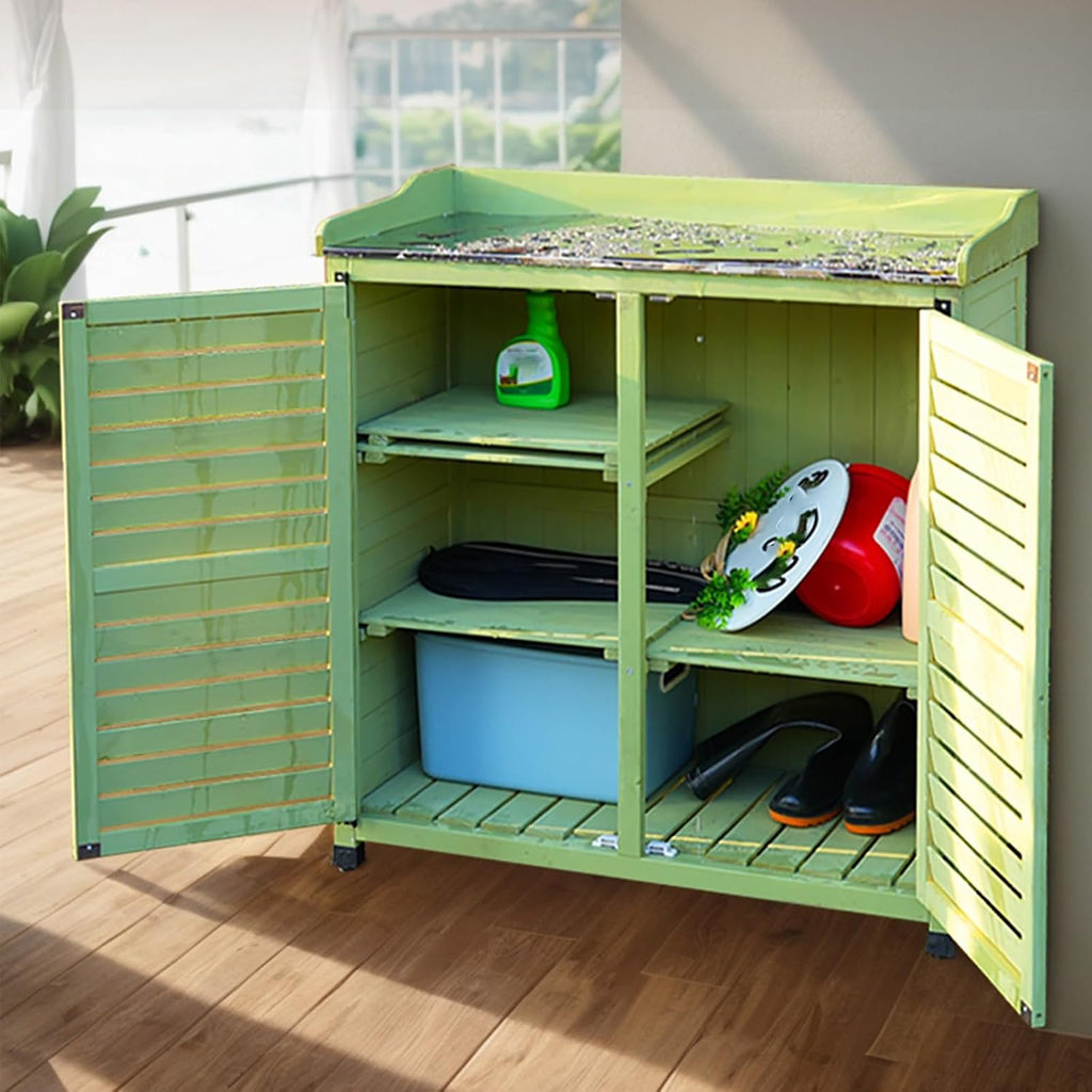 Outdoor Garden Patio Wooden Storage Cabinet with Adjustable Shelf & Metal Top Green Color Potting Bench Storage Cabinet for Garden Tools,One Color-Brown