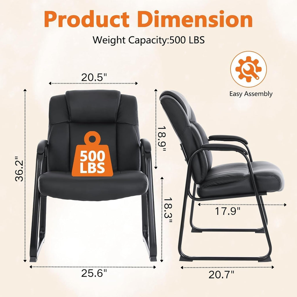 CLATINA Big and Tall Office Chair Set of 8 500lbs Leather Reception Chair with Bonded Padded Armrest Wide Seat Sled Base Desk Chair No Wheels for Reception Conference Waiting Room Side Office, Black