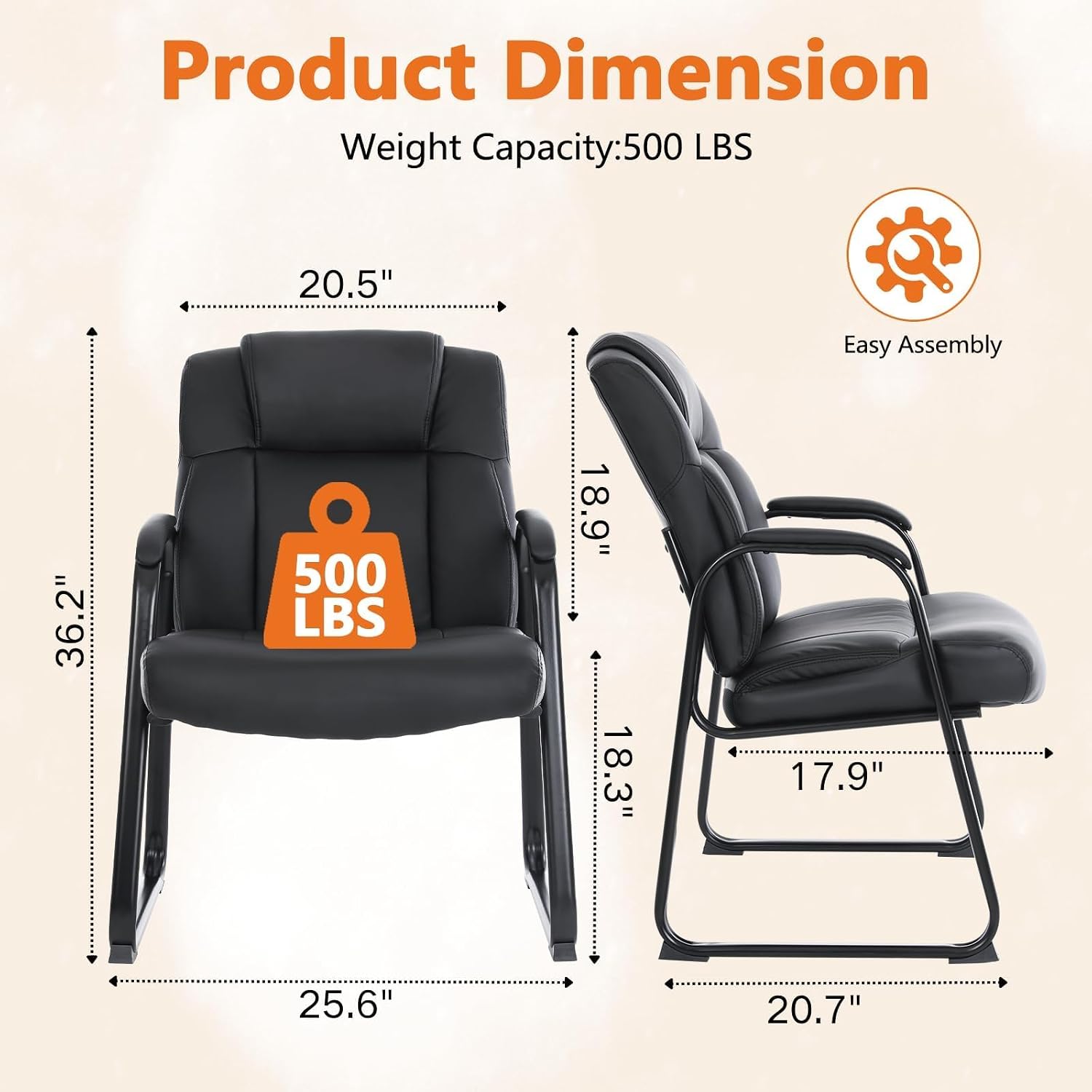 CLATINA Big and Tall Office Chair Set of 8 500lbs Leather Reception Chair with Bonded Padded Armrest Wide Seat Sled Base Desk Chair No Wheels for Reception Conference Waiting Room Side Office, Black