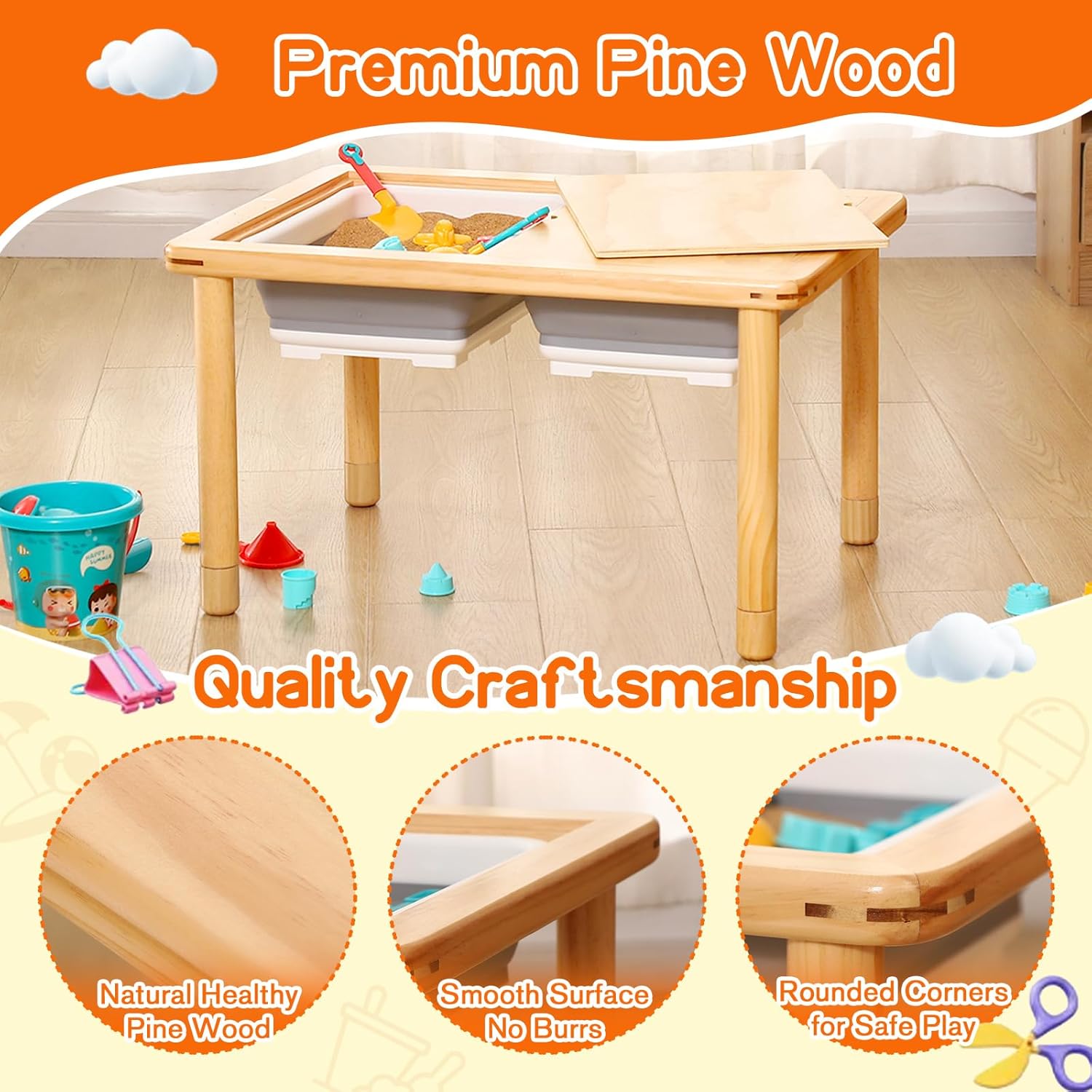FUNLIO Wooden Sensory Table for Toddlers 1-5, 3-Level Height Adjustable Kids Activity Table with Anti-Warping Plywood Lid, Indoor/Outdoor Play Sand and Water Table, CPC Certified