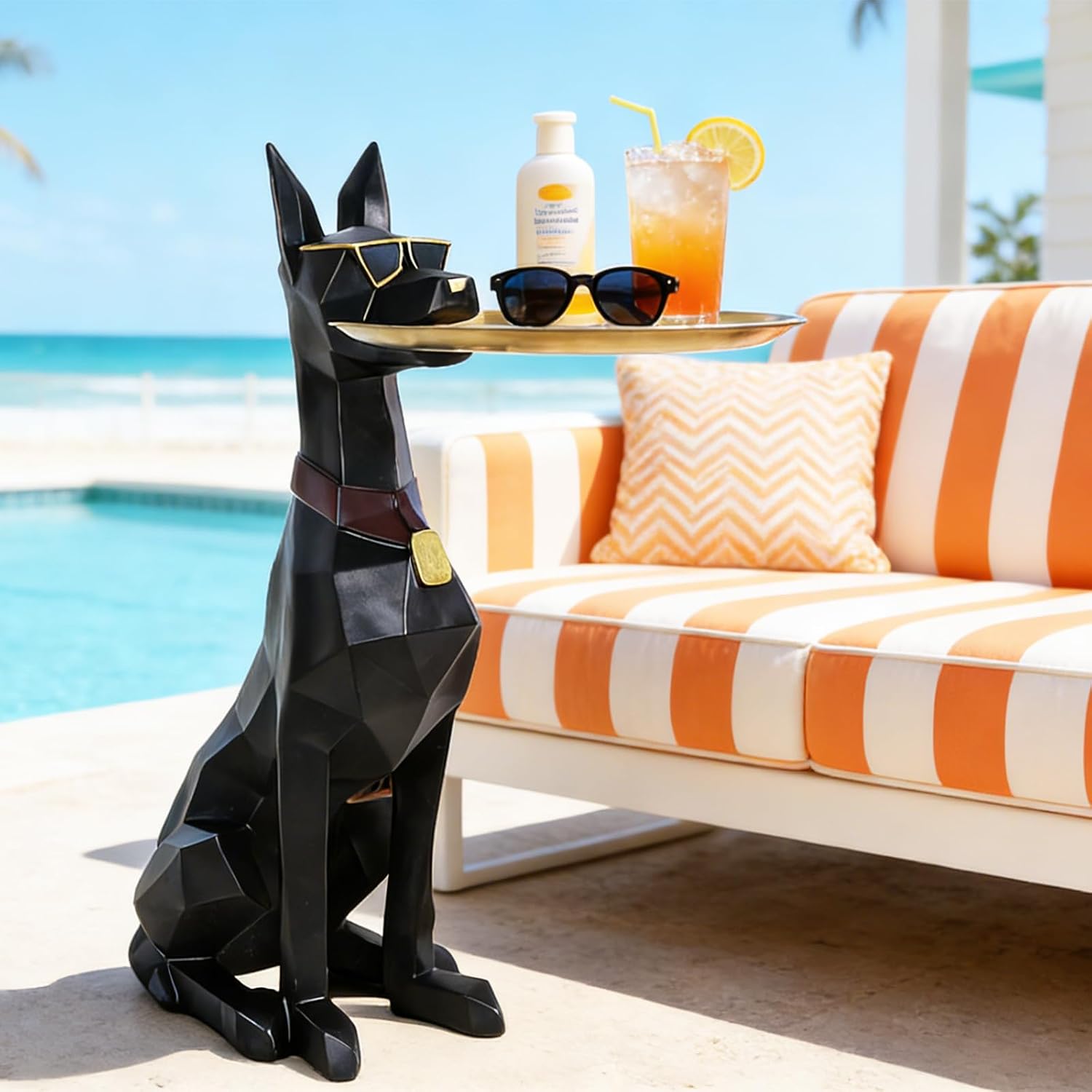 29in Geometric Dog Accent Table with Tray Butler Statue Animal Side Table for Modern Home Decor Dog Butler Statue with Tray Animal Accent Table for Living Room, Bedroom, Study, Patio (Black)