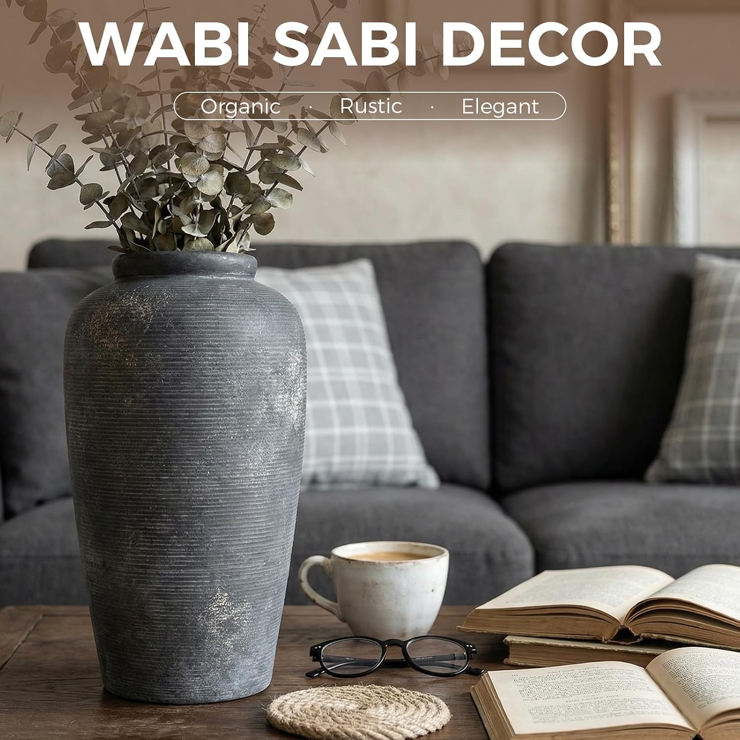 Rustic Distressed Ceramic Threaded Vase, 11"H Handmade Wabi Sabi Decor Vase (Deep Charcoal with Light Gray Weathering and Wheat Beige Patches) for Living Room Table Centerpieces, Entryway & Fireplace