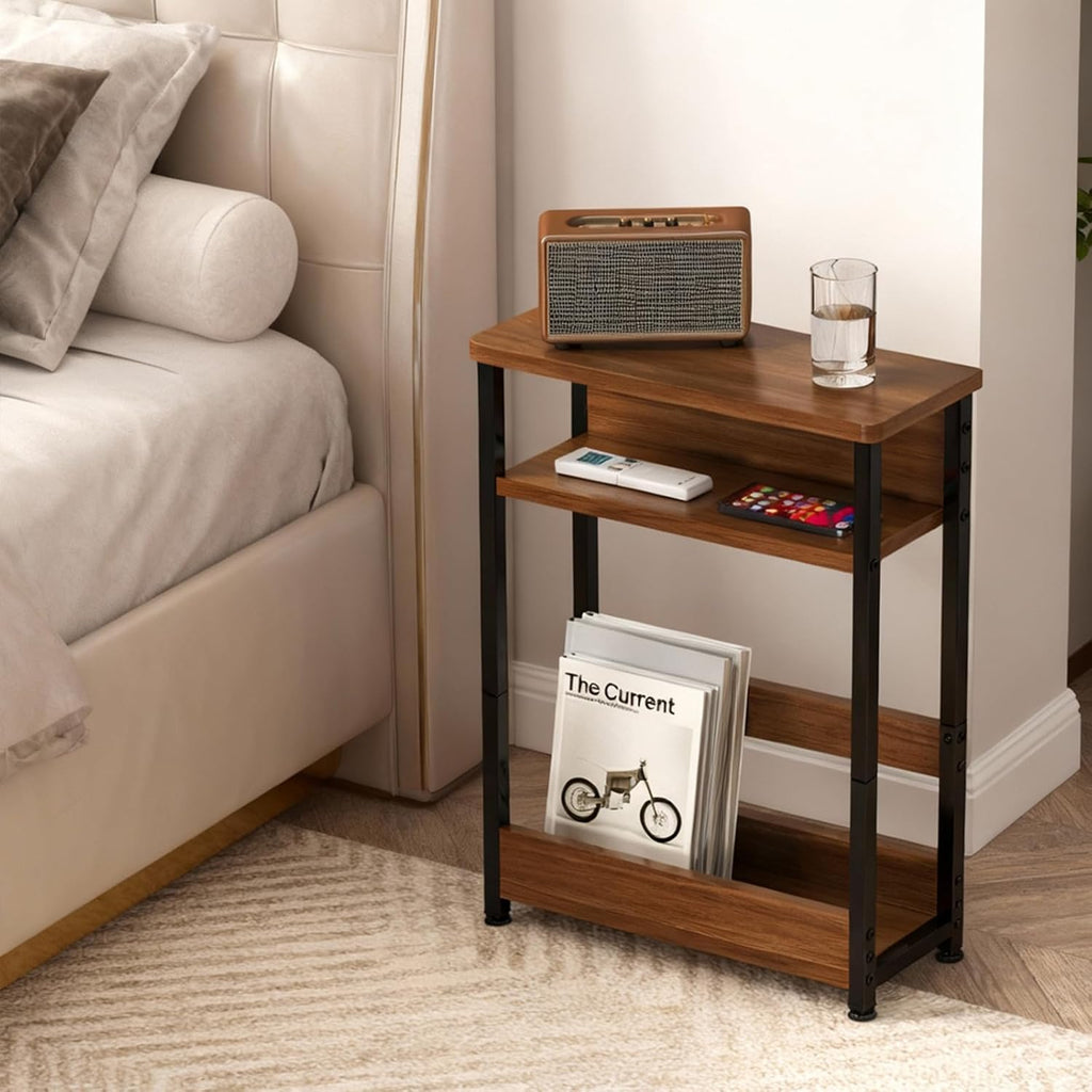 Narrow Side Table with Storage Shelf, 3-Tier Slim End Table with Magazine Holder, Modern Thin Side Tables for Couch or Small Spaces, Skinny Nightstand for Living Room or Bedroom Walnut