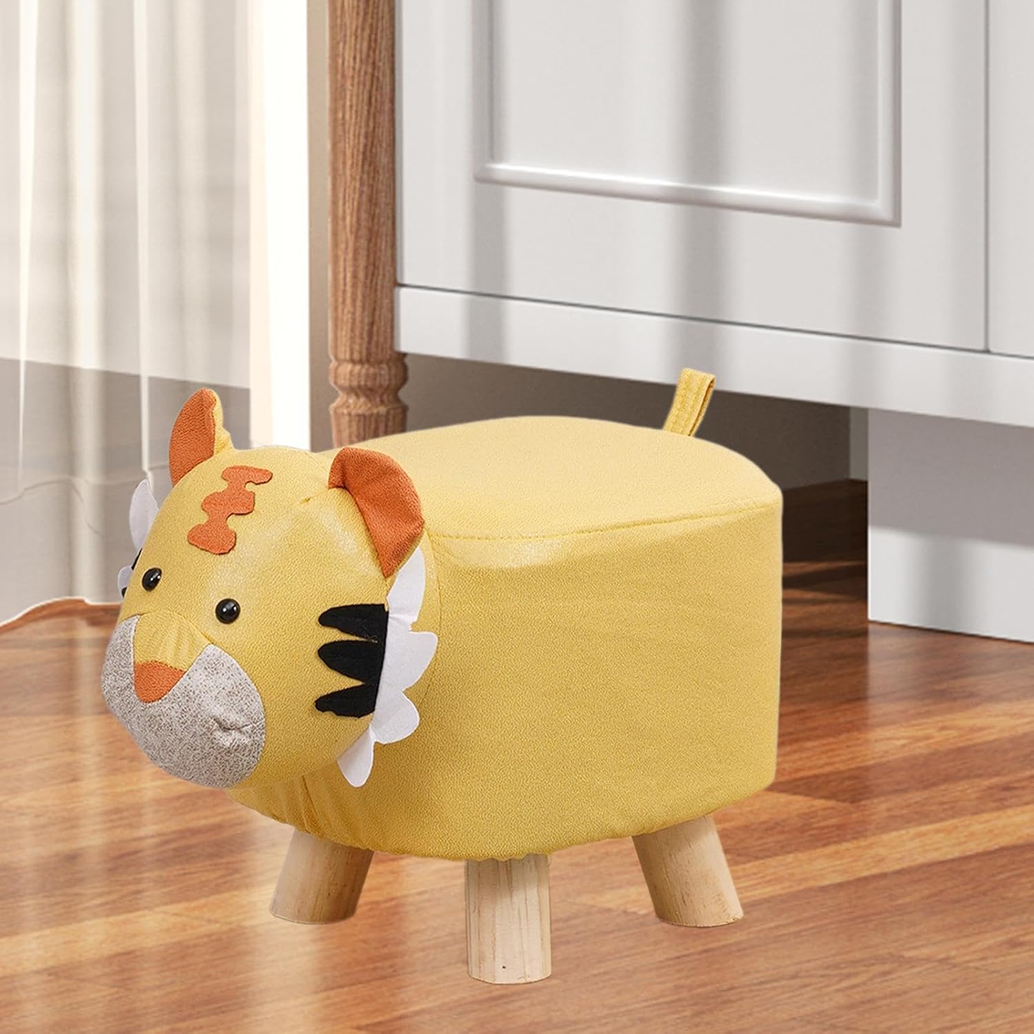 Cartoon Footstool Ottoman Animal Shaped Kids Stool Foot Stool Wooden Feet Cloth Fabric Comfortable Seating Suitable for Children Room Bedroom Nur, Yellow Tiger