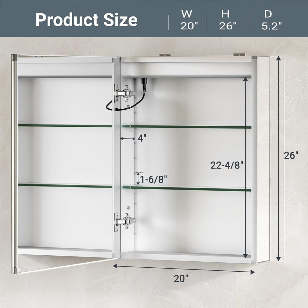 Lighted Medicine Cabinet with Mirror, Plug-in or Hardwired, Anti-Fog/3 Colors/Dimmable, AL Alloy, 2 Outlets & USBs, ETL Listed, Wall Mount or Recessed Bathroom Medicine Cabinet, 20x26 Inch