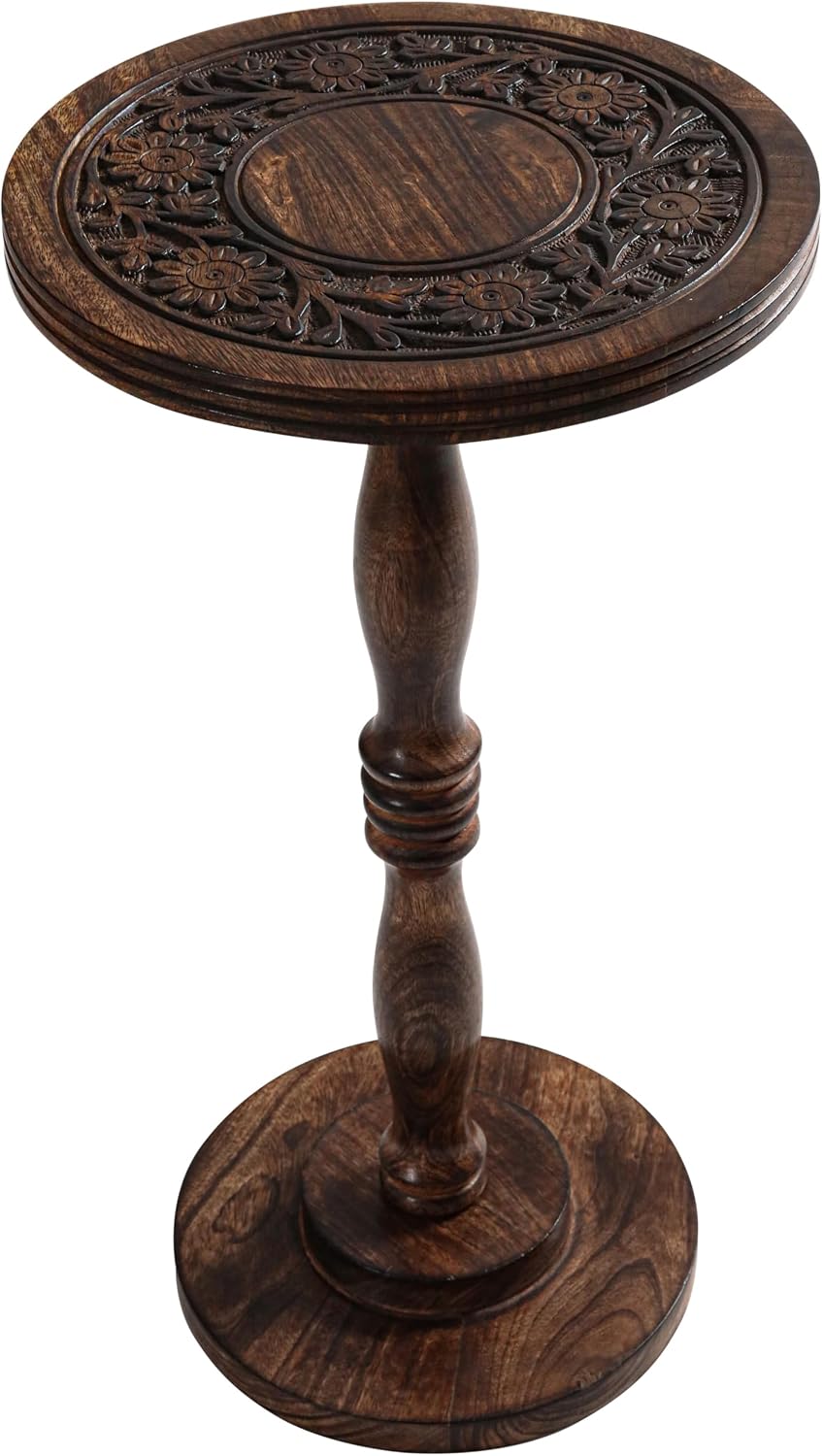 Mango Wooden Accent Table 12x22 Round Handcrafted Carved Side Table,Natural Burnt Finish Nightstand,Rustic Wooden End Table, Solid Wood Bedside Table for Bedroom & Living Room Home Decor