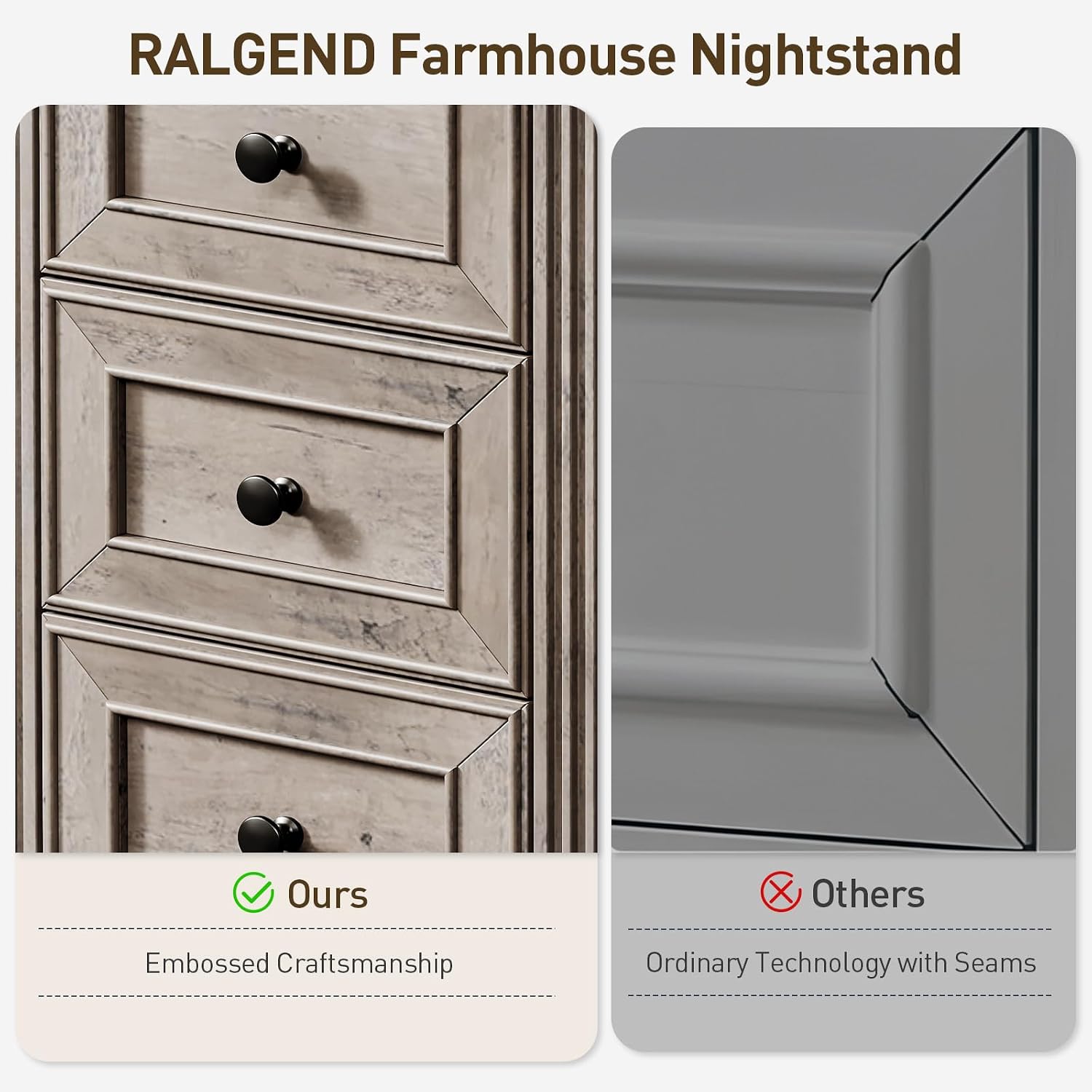 RALGEND Farmhouse End Table with 3 Drawers, Wooden Slim Nightstand, Narrow Sofa Side Table with Storage for Living Room, Bedroom, Study, Greige