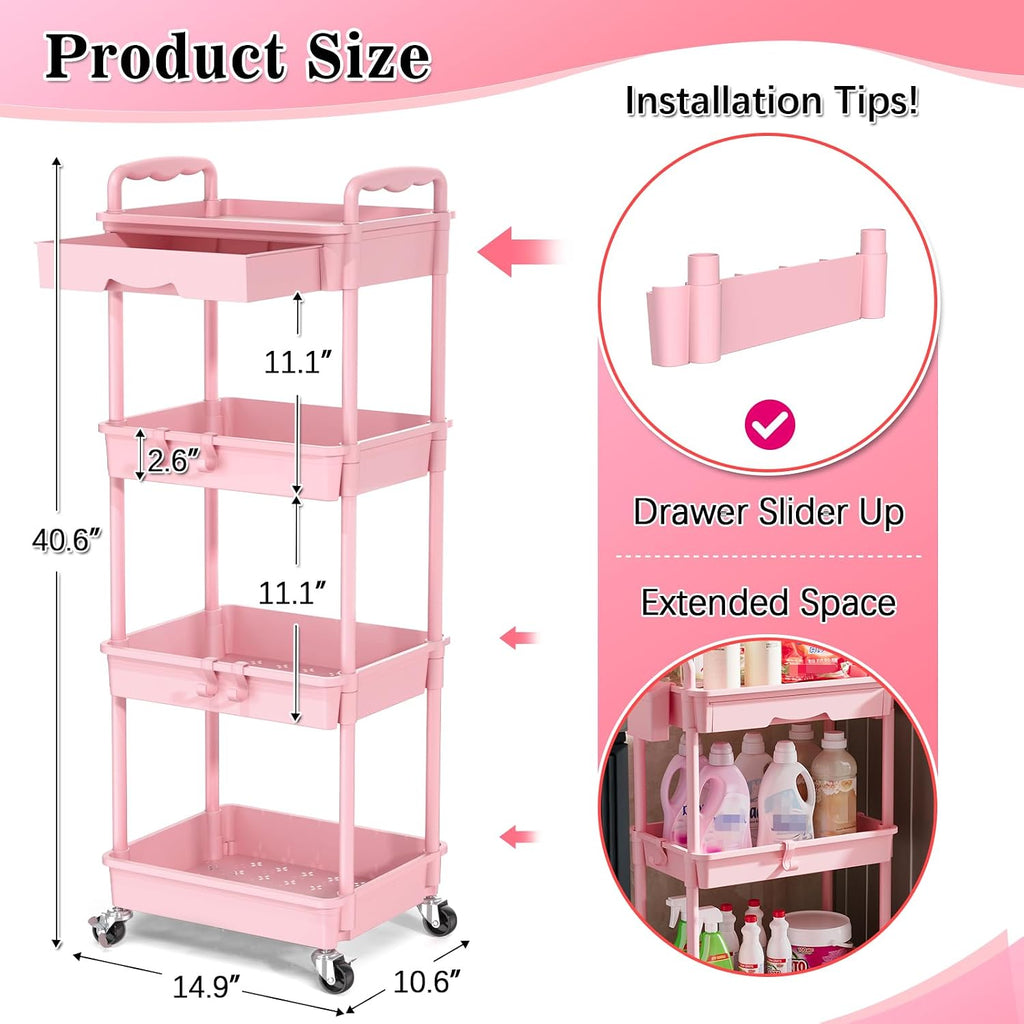 SUNALLY 4 Tier Rolling Cart with Drawer, Craft Storage Cart Organizer, Pink | Bathroom Storage Organizer with 2 Lockable Wheels, Rolling Utility Cart for Kitchen, Office, Baby, Makeup, Nail,Snack,Laundry