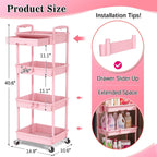 SUNALLY 4 Tier Rolling Cart with Drawer, Craft Storage Cart Organizer, Pink | Bathroom Storage Organizer with 2 Lockable Wheels, Rolling Utility Cart for Kitchen, Office, Baby, Makeup, Nail,Snack,Laundry