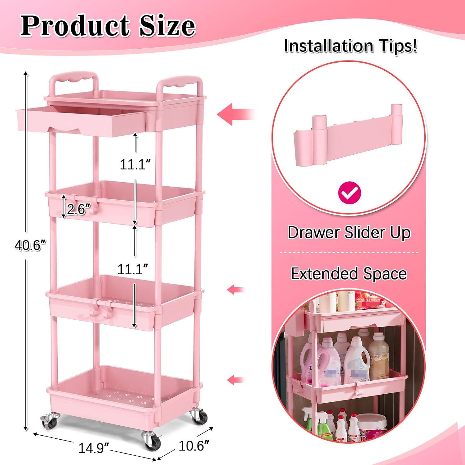 SUNALLY 4 Tier Rolling Cart with Drawer, Craft Storage Cart Organizer, Pink | Bathroom Storage Organizer with 2 Lockable Wheels, Rolling Utility Cart for Kitchen, Office, Baby, Makeup, Nail,Snack,Laundry