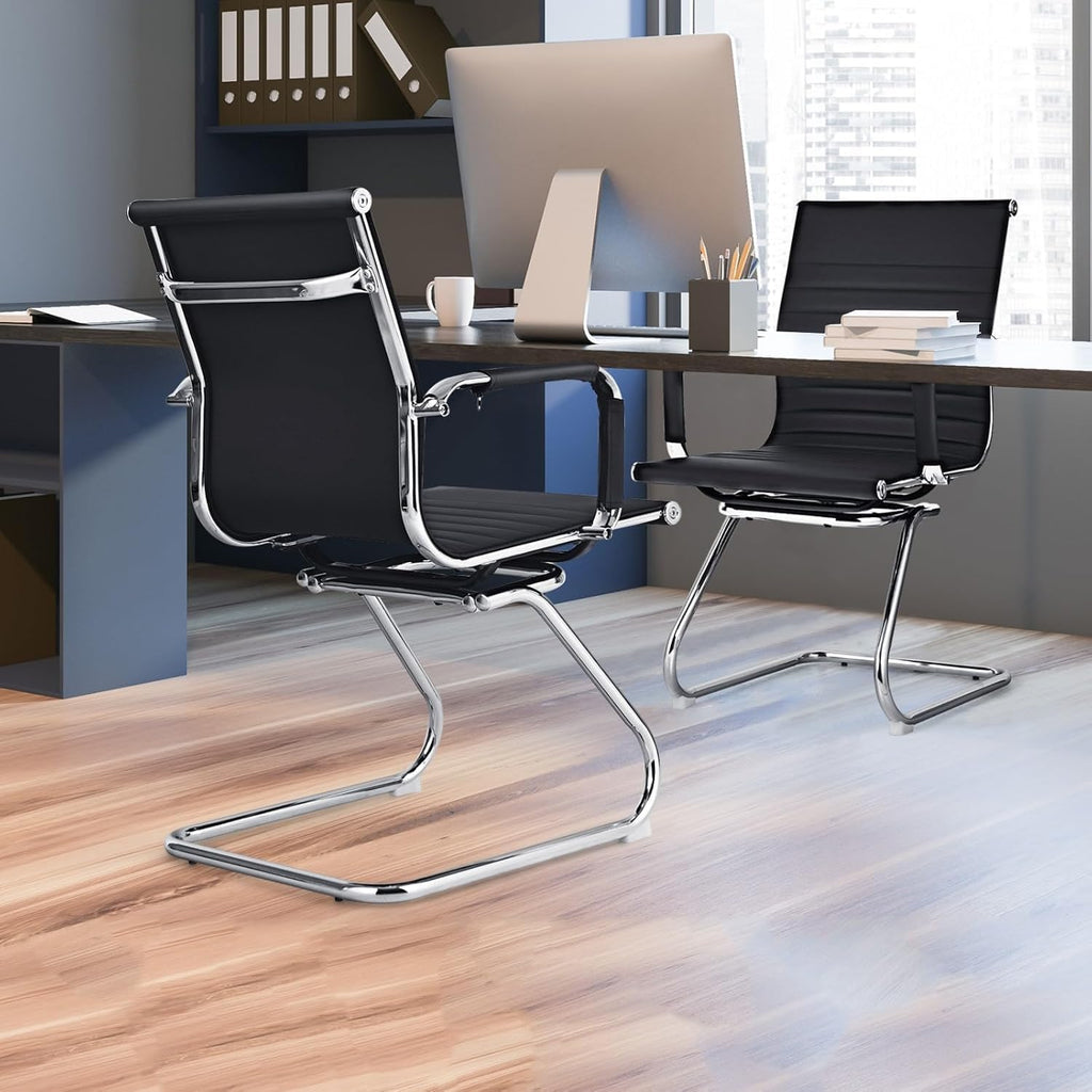 POWERSTONE Office Reception Guest Chair Set of 2 - Office Conference Desk Chair with No Wheels, Ergonomic Mid Back PU Leather Metal Base with Arms for Home Conference Meeting Waiting Room Lobby