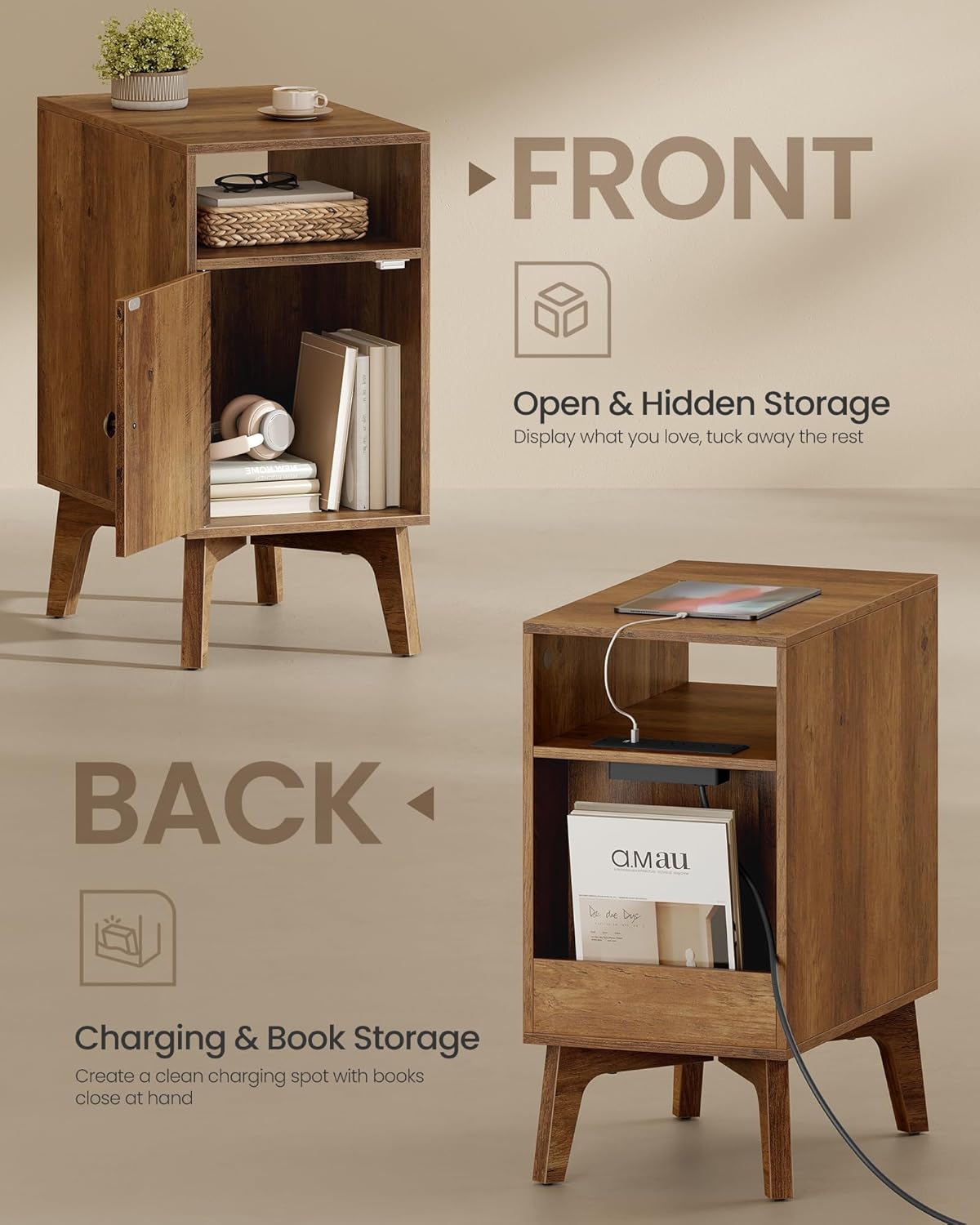 VASAGLE MAEZO Collection - End Table with Charging Station, Narrow Side Table, Nightstand with Tapered Legs, Curved Transitions, for Small Spaces, Living Room, Bedroom, Honey Brown ULET329K101S