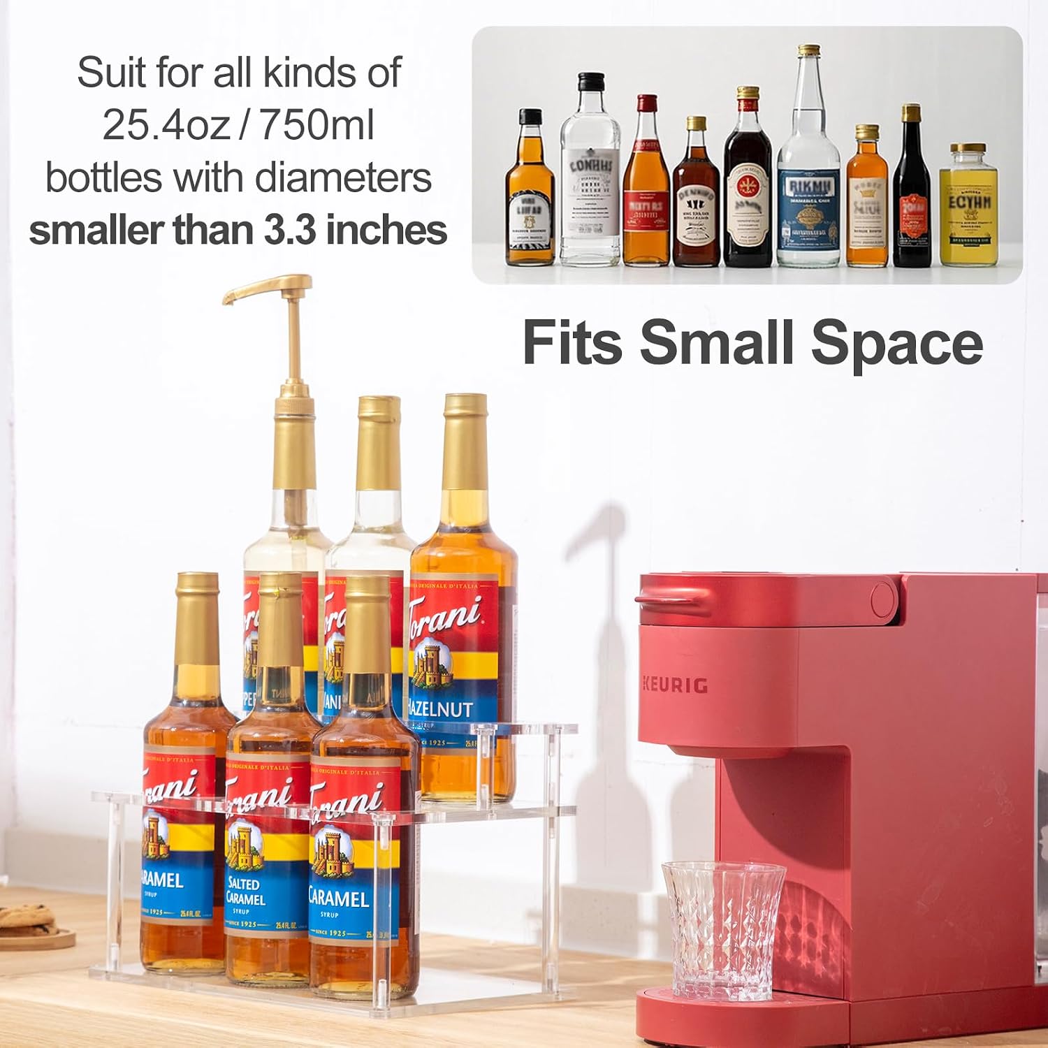 Acrylic Coffee Syrup Organizer, 2 Tier Coffee Syrup Rack (6 Bottle Capacity), Syrup Bottle Holder Stand for Coffee Bar, Kitchen Countertop Syrups, Condiments and Wine (Transparent)