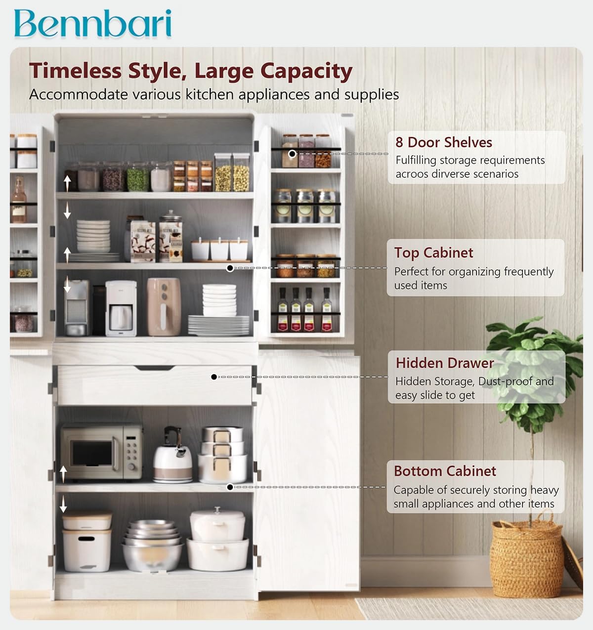72" Tall Farmhouse Kitchen Pantry Cabinet with 8 Door Shelves, Curved Storage Cabinet with 3 Adjustable Shelves & Hidden Drawer, Versatile Cupboard for Kitchen, Dining & Bathroom (White)