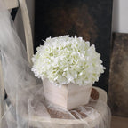 YXZZWL 10" Artificial Hydrangea Arrangement in Planter for Table Centerpiece, Lifelike Fake Hydrangea Potted Plant, Silk Faux Flowers in Wood Planter for Farmhouse Home Office Shower Decor (White)