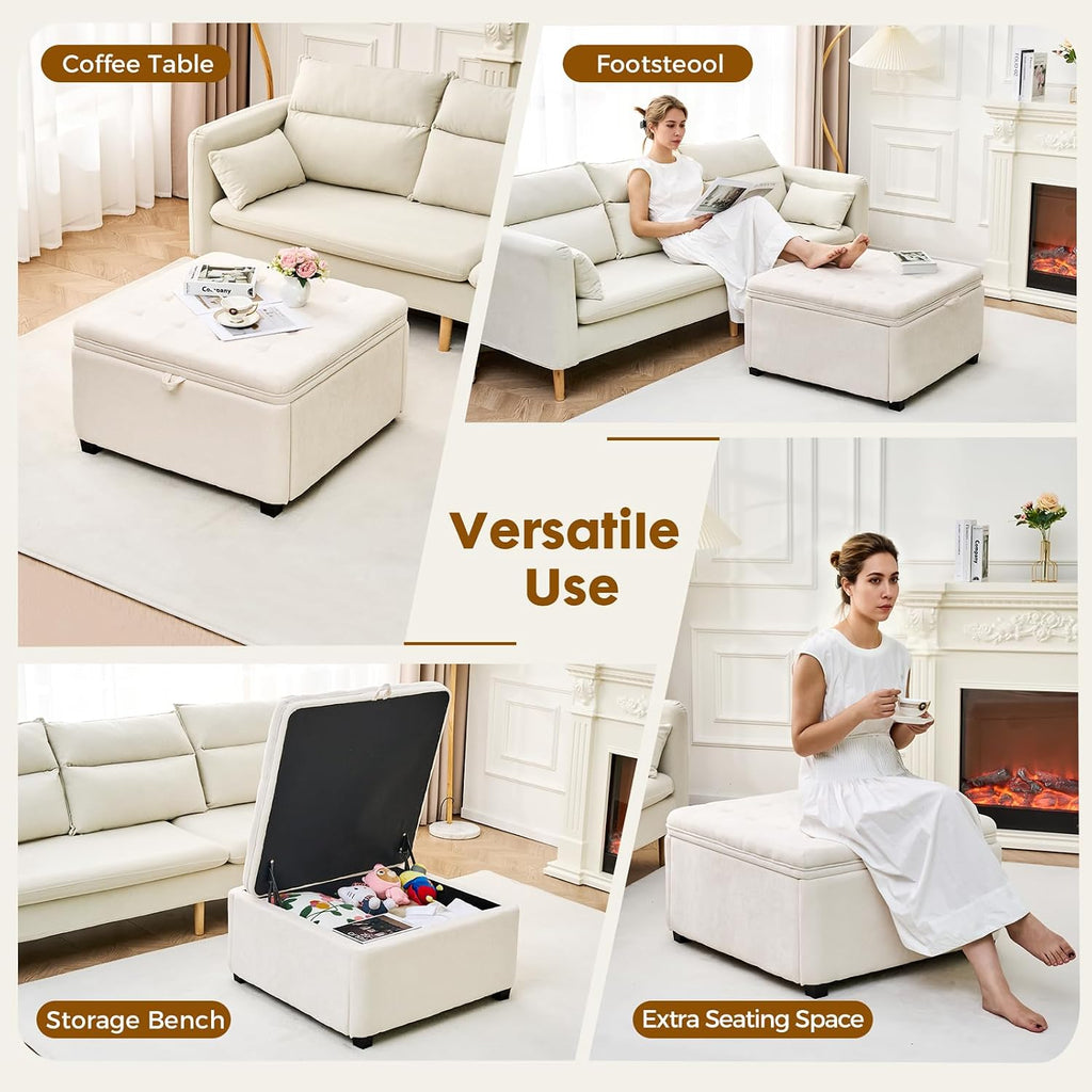 4-in-1 Storage Ottoman 30 Inch Large Hidden Storage Ottoman Foot Stool Square Ottoman Coffee Table with Soft-Close Hinge for Living Room (Ivory)